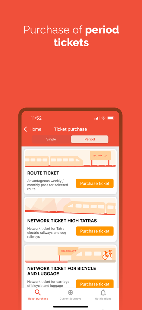 IDeme vlakom - Interface of the IDeme vlakom app for purchasing period train tickets, route tickets, and bicycle passes in Slovakia.