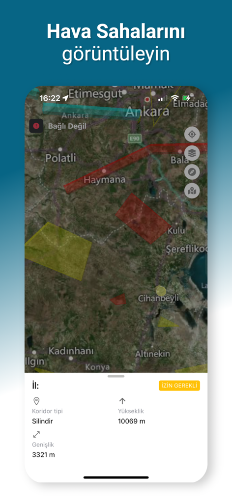 IHA TAKIP - IHA TAKIP mobile app interface displaying a map with UAV restricted flight zones and airspace details.