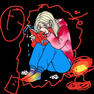 high school girl crying with book