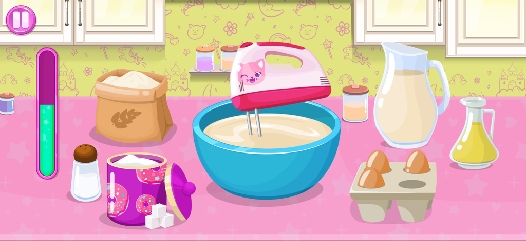 Like Nastya: Party Time - 분홍색 조리대 위의 밀가루, 계란, 우유가 있는 파란색 그릇 안의 분홍색 고양이 모양 믹서가 보이는 다채로운 어린이 베이킹 게임 화면.