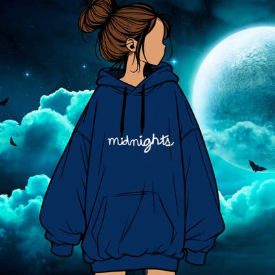 realistic girl with a oversized sweatshirt on and a bun