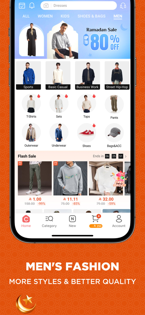 Chicpoint - Fashion shopping - Aplicación móvil ChicPoint que muestra la sección de moda masculina con un banner de rebajas de Ramadan y varias categorías de ropa como camisas, pantalones y zapatos
