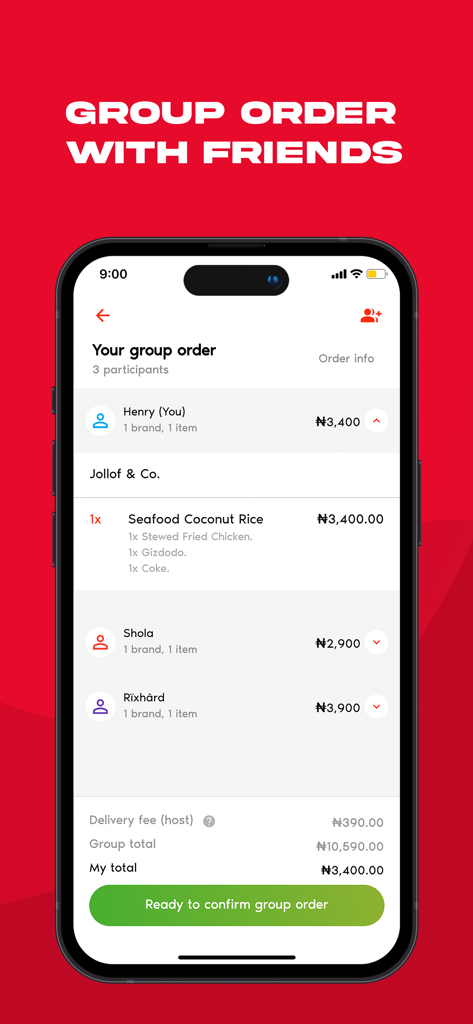 FoodCourt: Food Delivery+ - A mobile screen showing the group order feature in the FoodCourt app with individual meal selections and total costs for multiple participants.