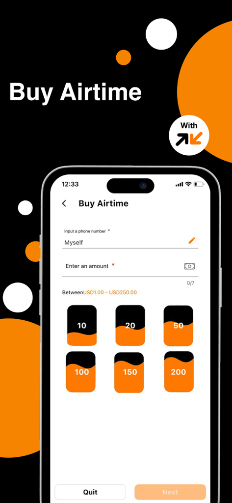 Interfaz de la aplicación móvil Orange Max it Liberia para comprar tiempo aire con selecciones de montos preestablecidos