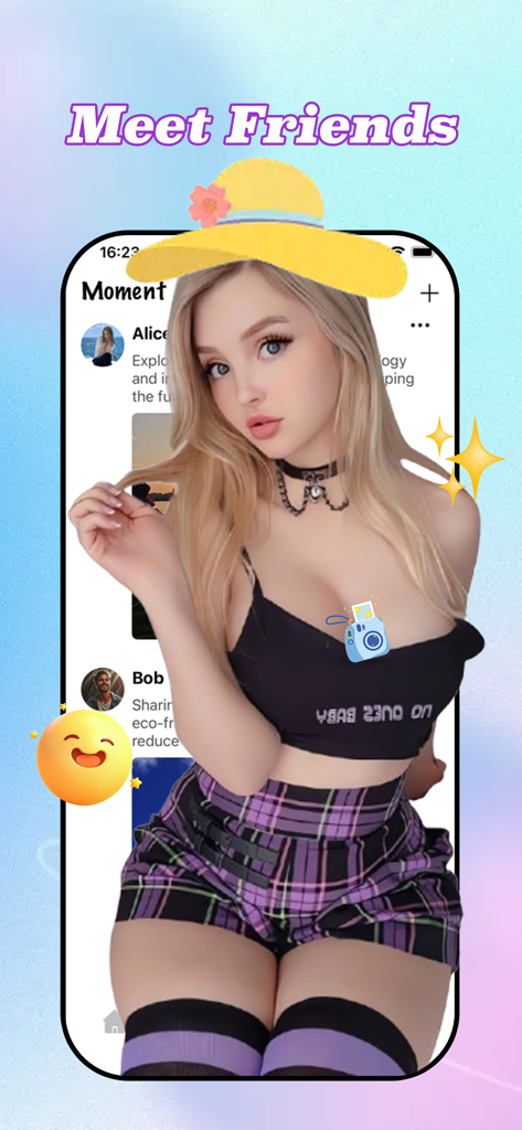 친구 만나기 기능과 여행 순간 공유를 위한 소셜 피드가 표시된 Chattr 앱 인터페이스