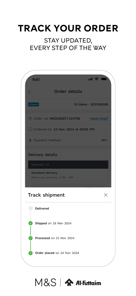 M&S ASIA – Fashion & Food - Mobile app interface for tracking orders with a status timeline showing order placed processed and shipped dates