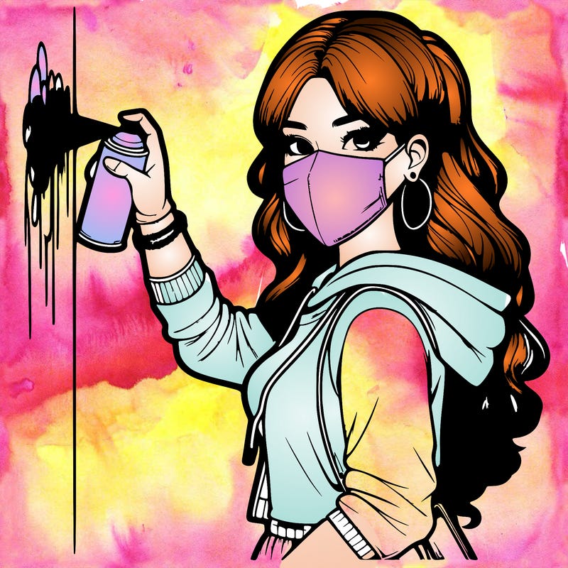 realistic girl with mask spray painting a wall