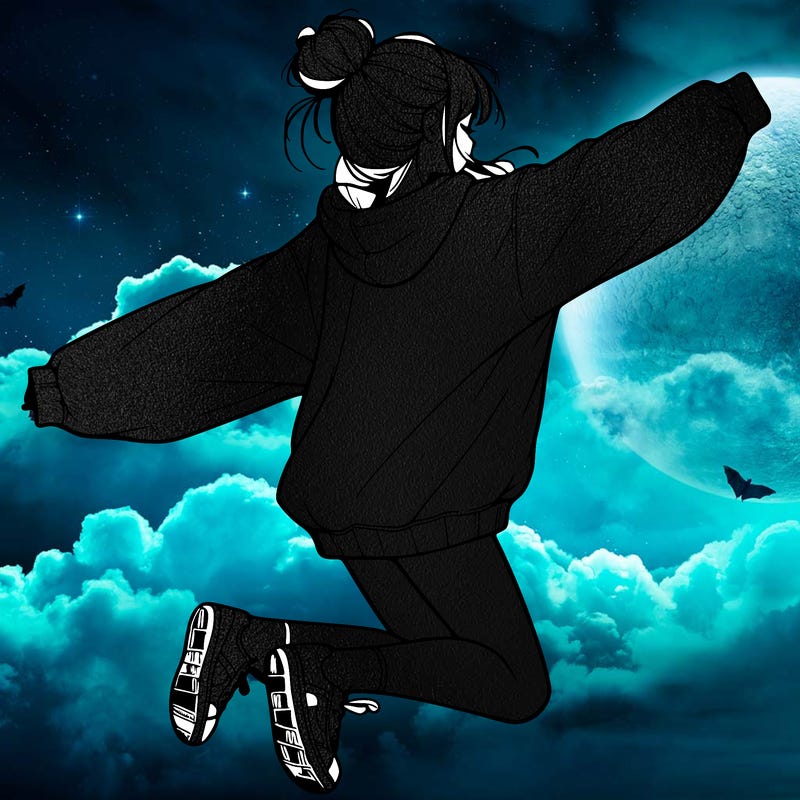realistic girl jumping with a bun and oversized sweatshirt