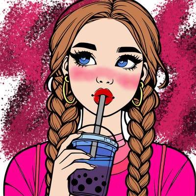 realistic girl with braided hair drinking boba