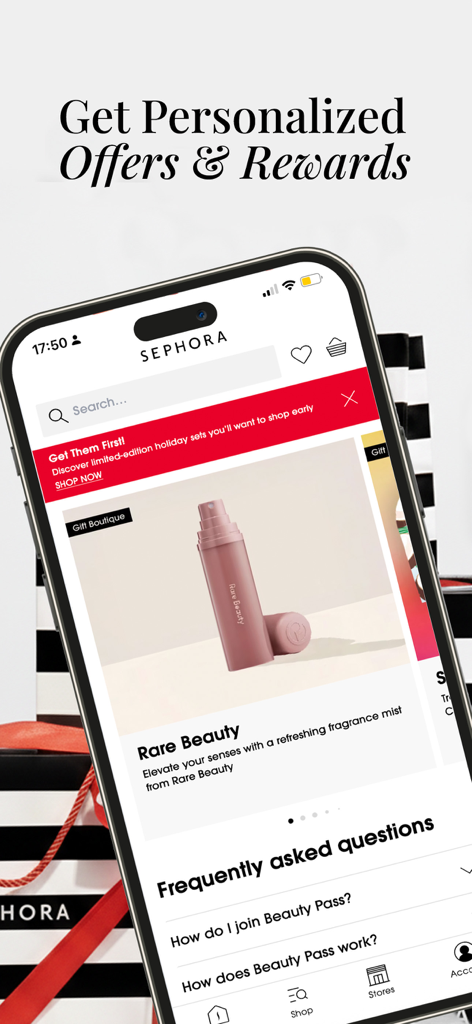 Sephora UAE: Beauty & Makeup - Sephora UAE app screen displaying personalized rewards and a Rare Beauty fragrance mist product
