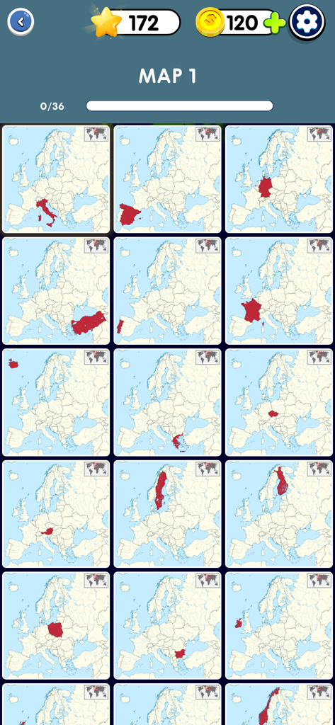 World Flags 2026: Brain Game - Selection screen showing a grid of European country maps highlighted in red for a geography quiz