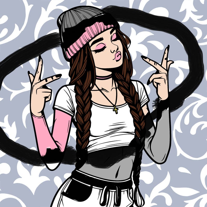 realistic teenage girl with braids and a beanie and crop top doing 🫶🏼