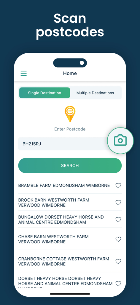 DelM8 UK Address Finder - Mobile screen of DelM8 app displaying the postcode scanner and rural UK addresses