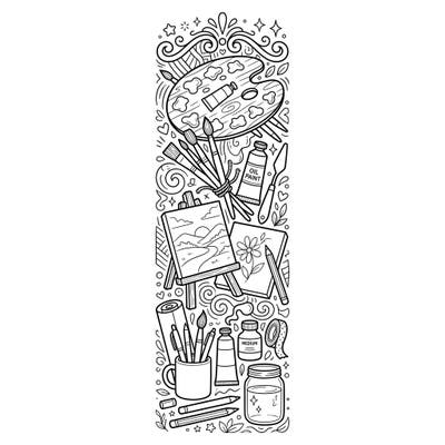 Dive into the world of art with this delightful coloring bookmark featuring an array of painting supplies. It's the perfect creative break for artists and book lovers alike.