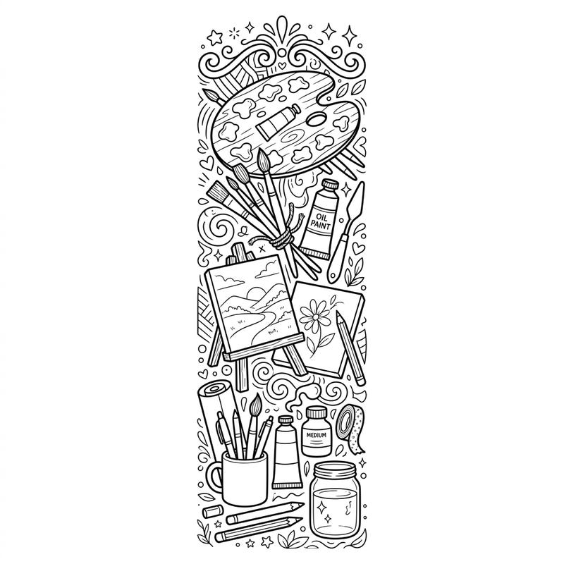 Dive into the world of art with this delightful coloring bookmark featuring an array of painting supplies. It's the perfect creative break for artists and book lovers alike.