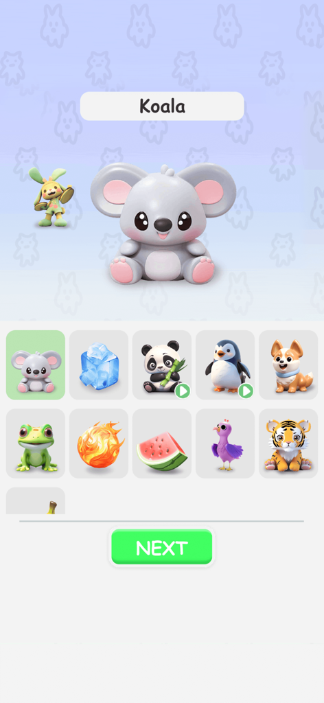 Character selection screen in Mix Monster app featuring a cute 3D koala and a grid of animals