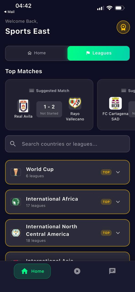 Yacine Tv: Buz Tv Score Iptv - Interfaz de la aplicación Yacine TV mostrando los principales partidos de fútbol y categorías de ligas internacionales