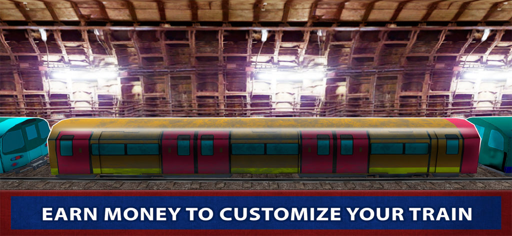 London Subway Simulator 2023 - A subway train car in an underground station with text explaining how to earn money to customize your train