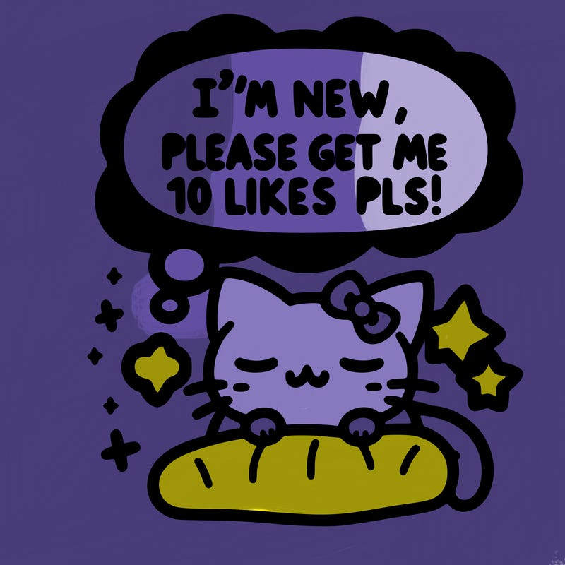 kitty taking a nap dream talking and saying "i'm new, please get me at least 10 likes pls!!"