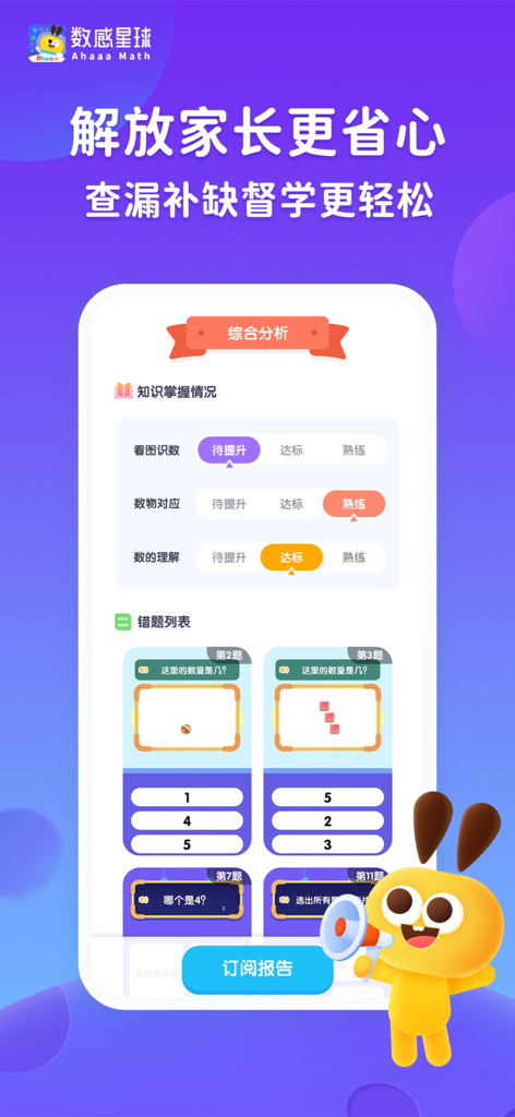 A progress report in the Ahaaa Math app showing a childs knowledge mastery levels and specific missed math questions for parental review