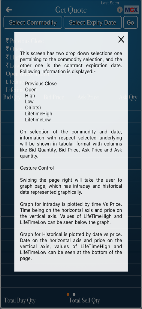 Instructional overlay in the MCX app explaining how to use the Get Quote feature for commodity trading data