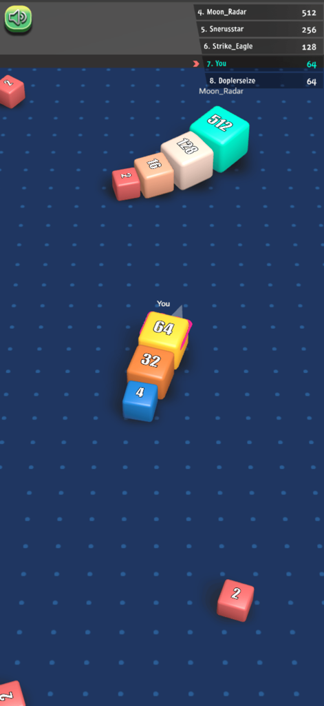 Gameplay of Cubes 2048.io showing cube snakes on a grid with a leaderboard