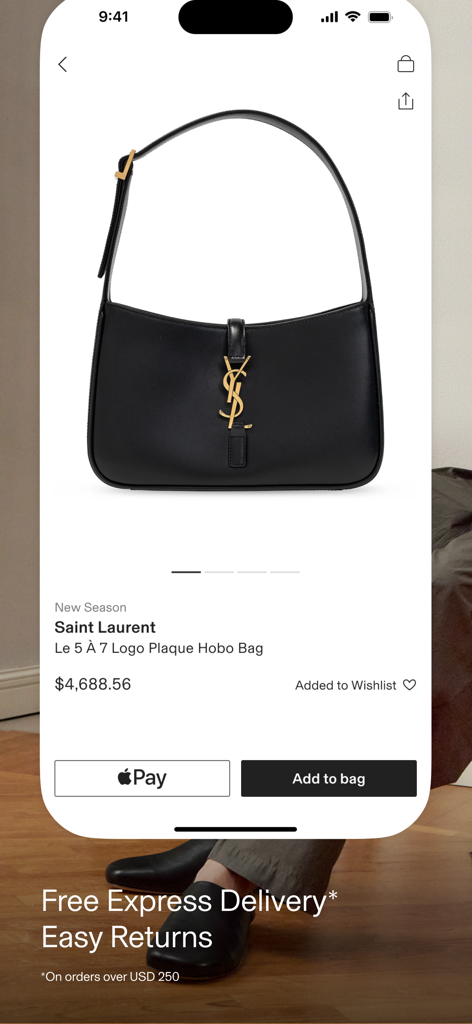 Product page for a Saint Laurent leather handbag in the Cettire shopping app