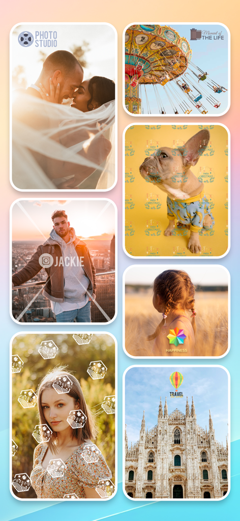 ロゴ、テキスト、タイリングパターンを含むさまざまな透かしスタイルを示す写真のコラージュ。