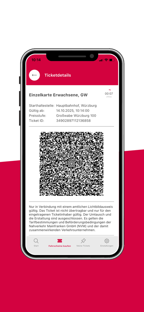 WVVmobil - Smartphone-Bildschirm mit einem digitalen Nahverkehrsticket mit QR-Code in der WVVmobil App.