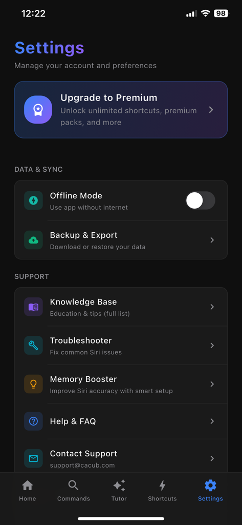 App For Siri Commands Tips - Interfaz de configuración de la aplicación de consejos de comandos de Siri que muestra el modo sin conexión y las opciones de soporte.