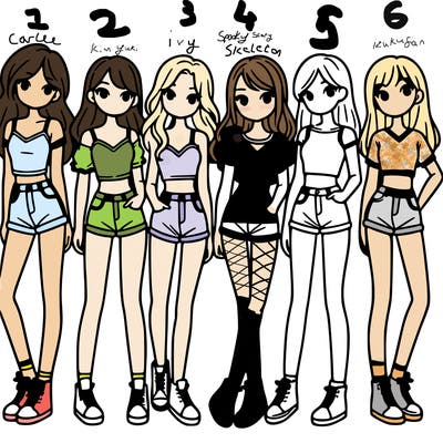 a group of girls wearing crop tops and shorts