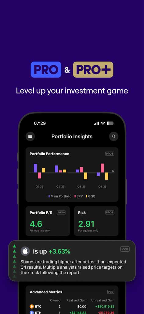 Interface de l'application mobile Delta par eToro affichant des graphiques de performance de portefeuille avancés et des alertes boursières en temps réel