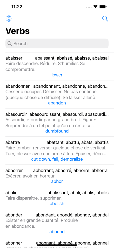 Conjugaison Française - Una lista de verbos franceses para buscar con definiciones y traducciones al inglés.
