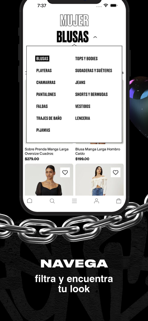 Cuidado Con el Perro - Pantalla de la app Cuidado Con el Perro mostrando el menú de navegación de la categoría de ropa de mujer