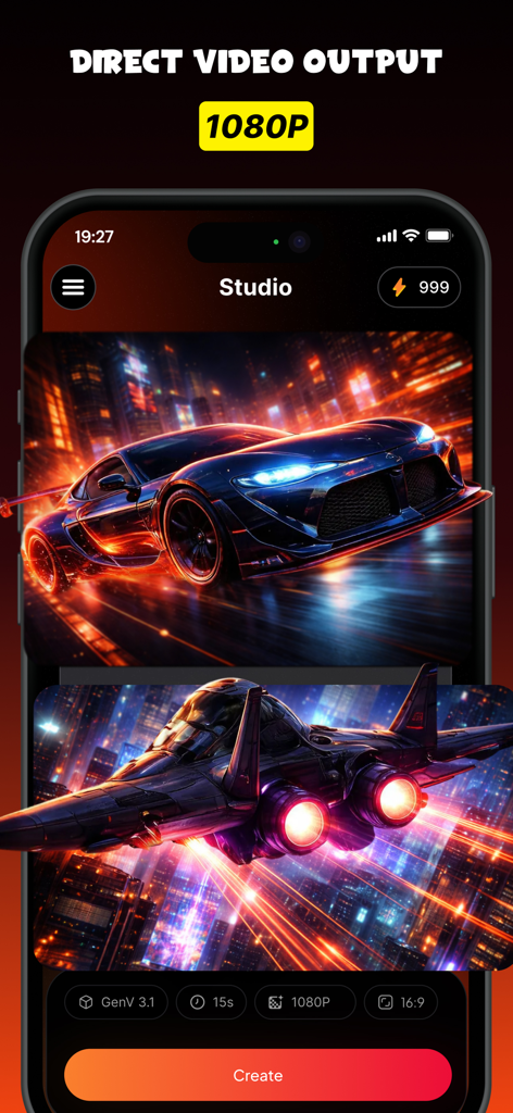 GenV - AI Video Generator - GenV app studio interface displaying 1080p AI generated cinematic videos of a car and a jet