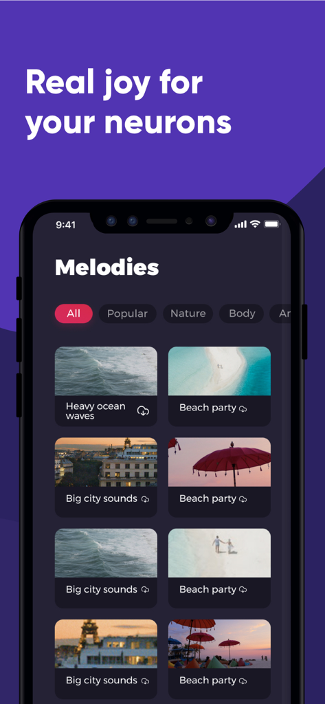 ASMR Sounds and Ear Triggers - Interface do aplicativo ASMR mostrando uma biblioteca de sons relaxantes, incluindo ondas do oceano e ambiente urbano.