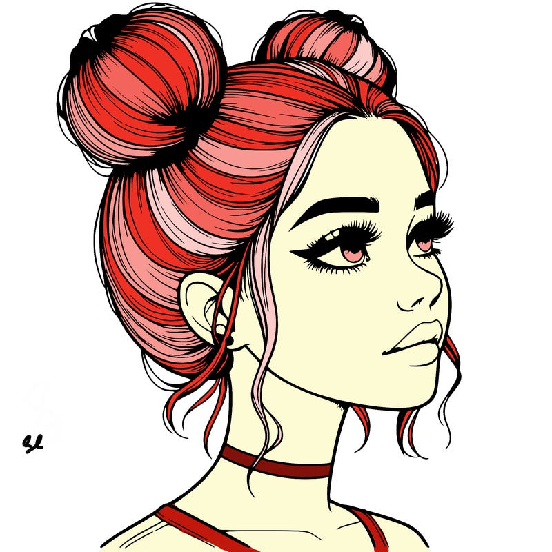 realistic girl with buns on the top of her head