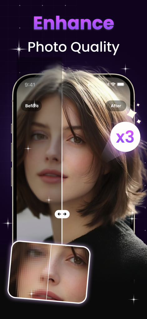 AI Photo Enhancer - AI Enhance - AI 향상을 사용하여 흐릿한 초상화와 선명한 초상화를 나란히 비교한 모습