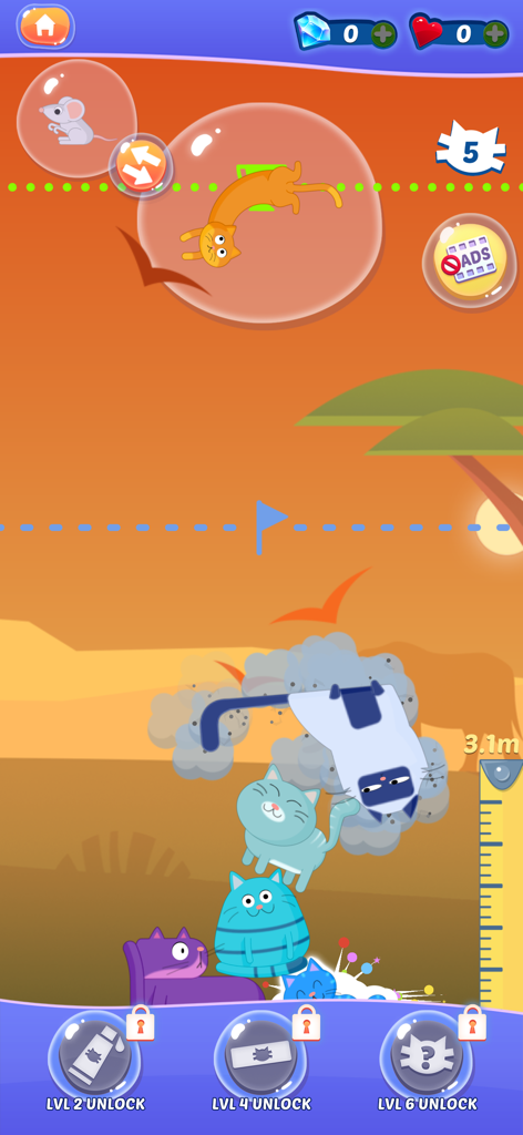 Cat Stack - A colorful tower of cartoon cats stacked in a savanna setting with a height meter