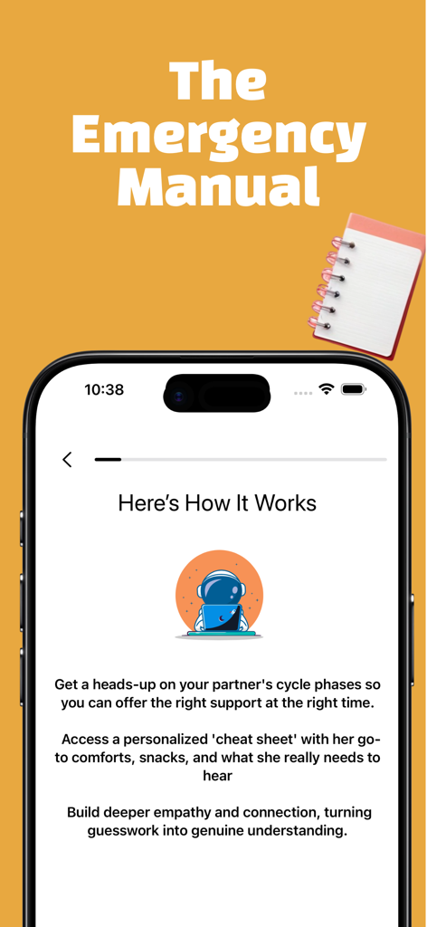 MoonM8 app screen titled The Emergency Manual explaining how the period tracker works for men to support their partners.