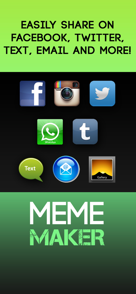 Meme Maker- Fun Meme Generator - Opciones para compartir de la app Creador de Memes, incluyendo Facebook, Twitter, WhatsApp e Instagram.