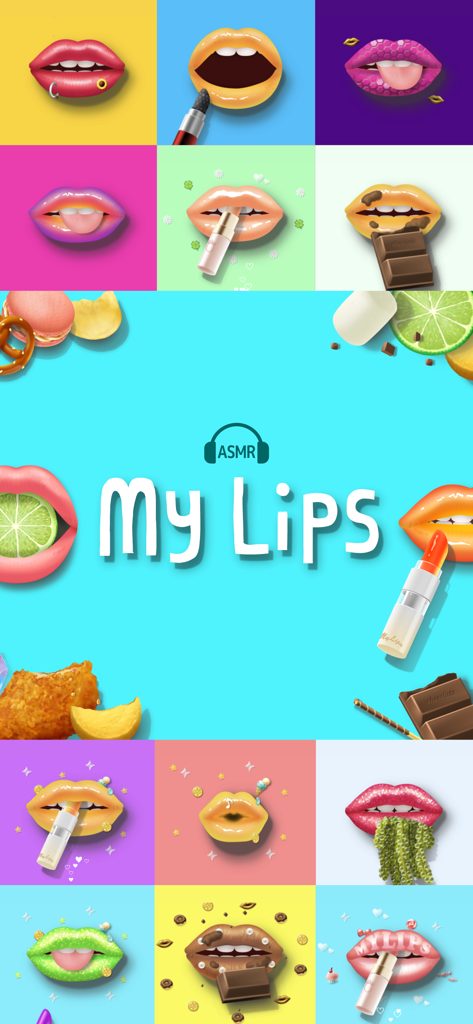 My  Lips - 다양한 꾸며진 입술과 My Lips ASMR 모바일 앱의 음식 아이템을 보여주는 생생한 콜라주.