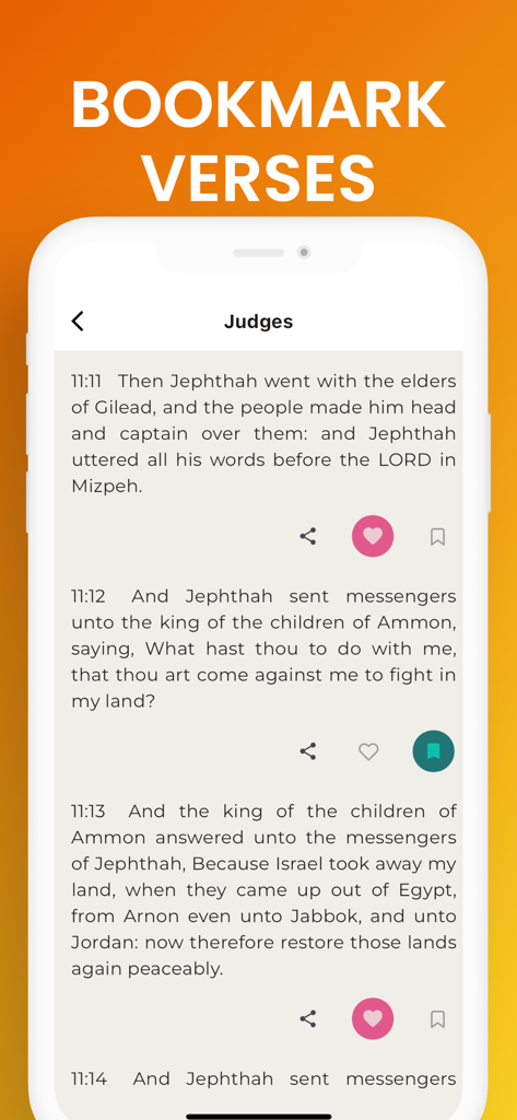 Easy to Read Bible KJV - Screenshot of the Easy to Read Bible KJV app showing the bookmark verses feature with text from the book of Judges.