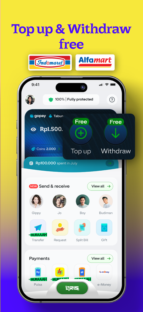 GoPay app interface highlighting free top up and withdraw features