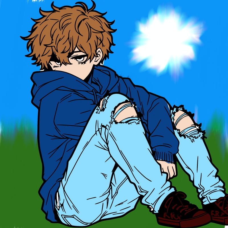 a male hoddie ripped jeans messy hair anime