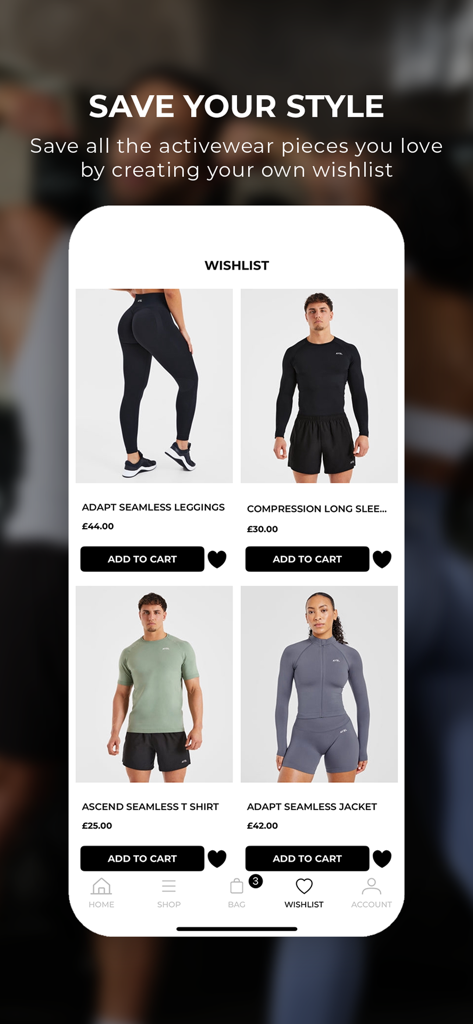 AYBL mobile app wishlist screen showing activewear products for men and women
