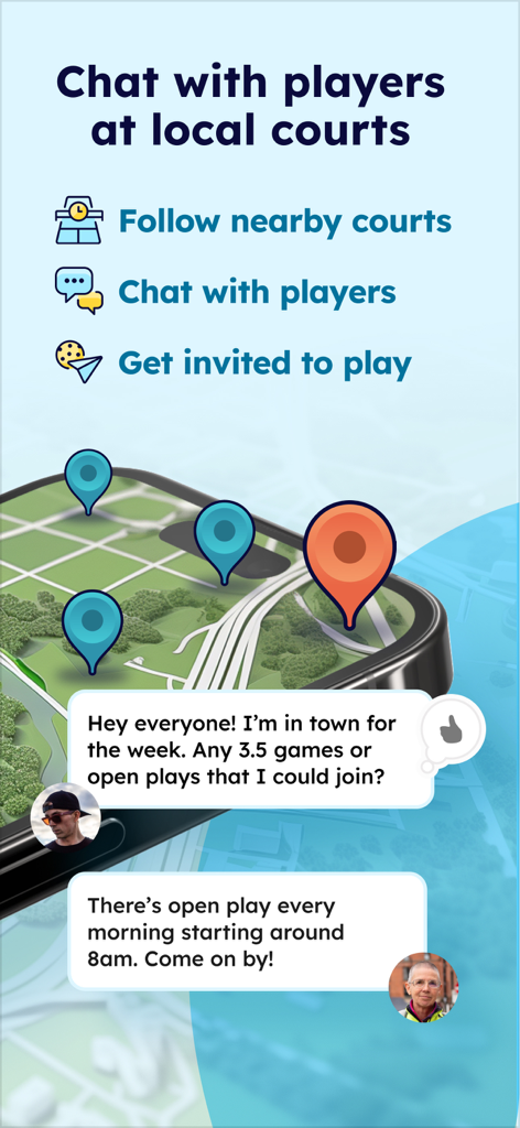 Pickleheads - Play Pickleball - Interfaccia dell'app Pickleheads che mostra una mappa di campi locali e una chat tra giocatori che organizzano una partita