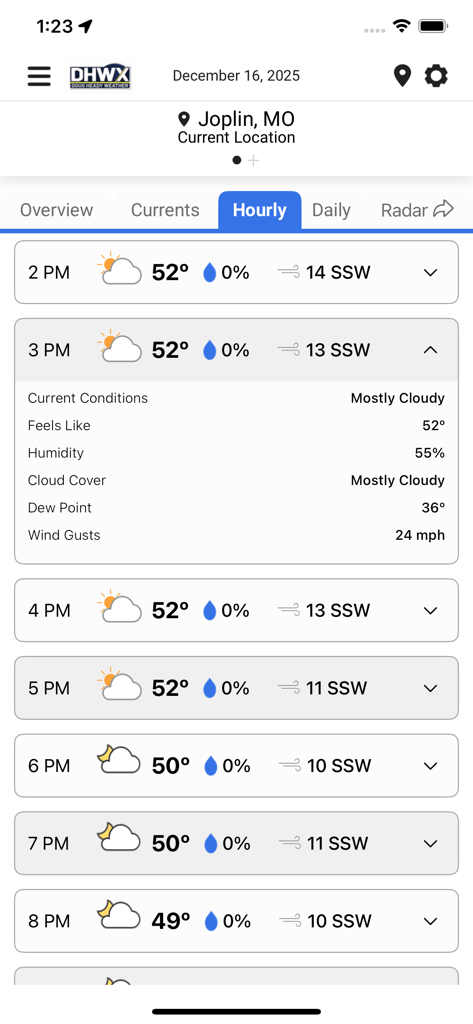 Doug Heady Weather - Hourly weather forecast for Joplin Missouri on the Doug Heady Weather app showing temperatures and wind details
