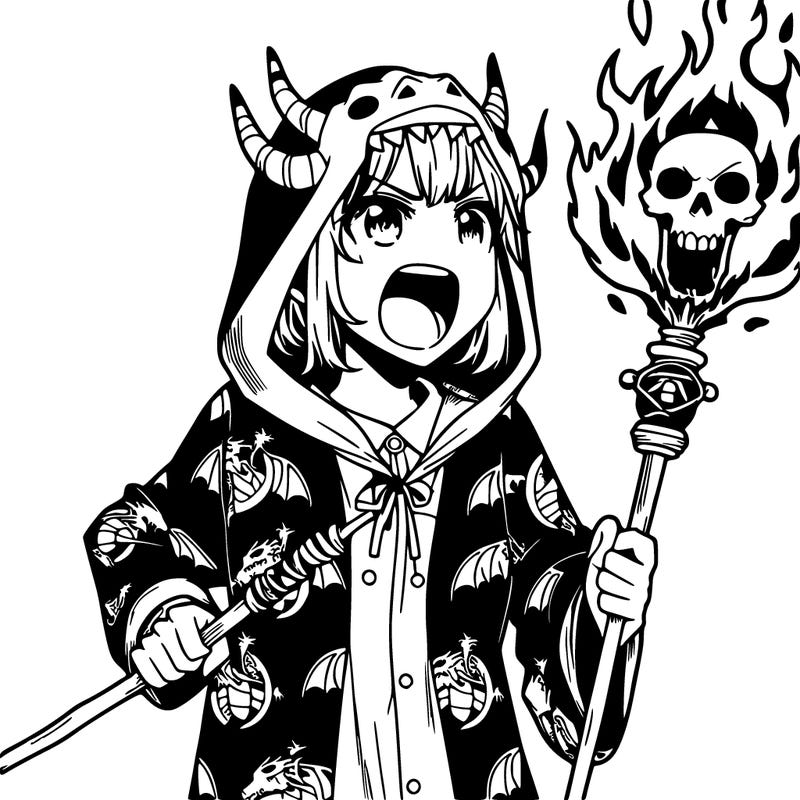 manga girl with dragon skull staff wearing a dragon pajama suit with dragon hood and shouting out fire