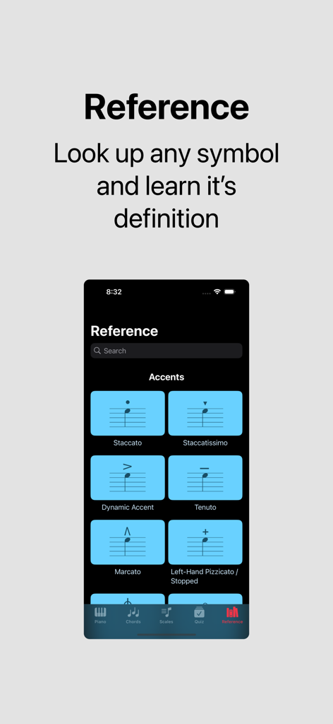 Nota - Chords & Scales Piano - Ein Screenshot der Nota-App, der die Musiknotations-Referenzbibliothek mit verschiedenen Akzenten wie Staccato, Tenuto und Marcato zeigt.